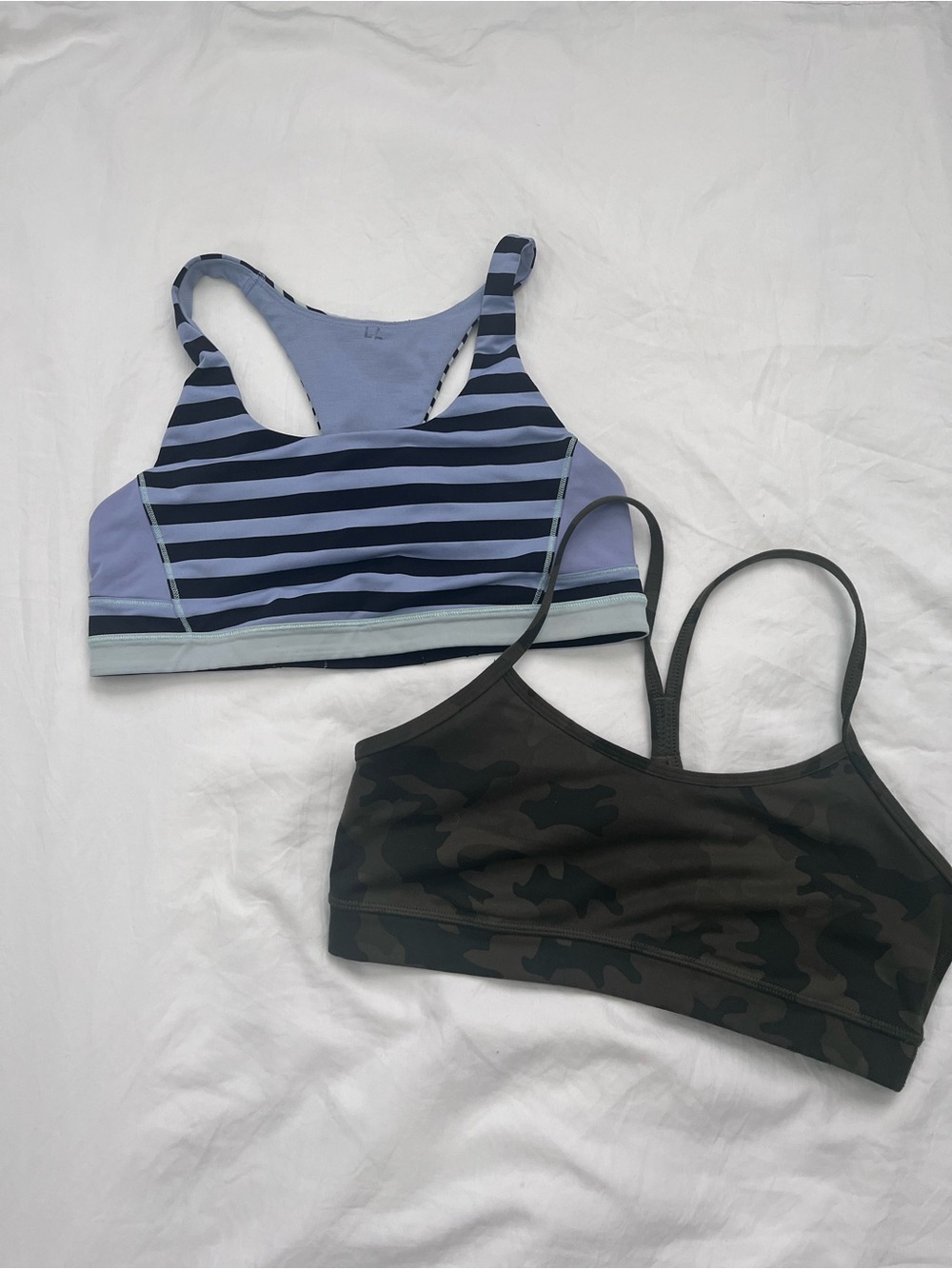 lululemon athletica Striped Light Blue & Navy Sports Bra + Dark Green Camo Bra